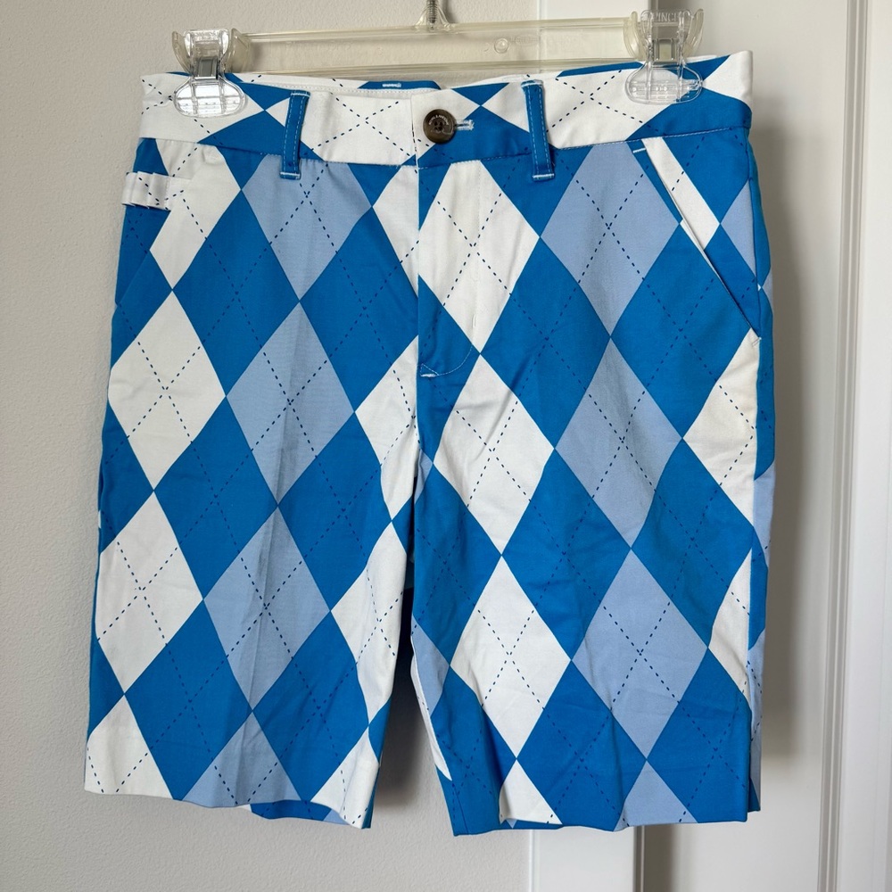 Royal & Awesome Kids Old Tom’s Golf Shorts Size Small Blue and White Argyle - Picture 2 of 13